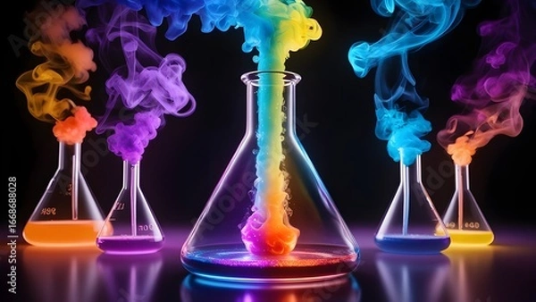 Obraz Colorful Magic Chemical Explosion in Laboratory Flask with Neon Smoke – Fantasy Science Experiment, Vibrant Abstract Energy, Glowing Liquid, 3D Render Digital Art Background