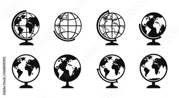 Fototapeta A collection of black and white globe icons on a plain background