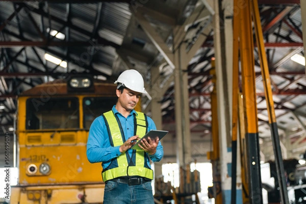 Fototapeta Engineers wearing safety helmets inspecting railway blueprint beside a vintage locomotive, symbolizing teamwork, innovation, and development in modern rail transportation and infrastructure projects