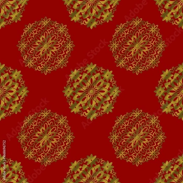 Obraz Golden Mandala Flower seamless pattern on red background.