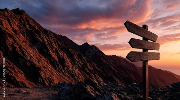 Fototapeta Sunset at the mountain trail with directional sign and colorful sky
