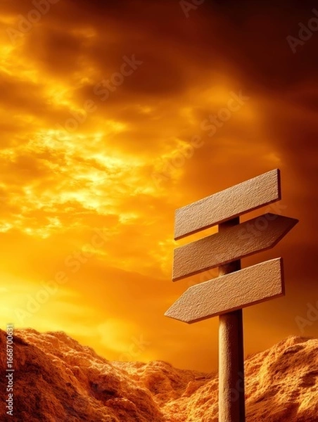 Fototapeta Travel guideposts pointing the way in a desert landscape at sunset