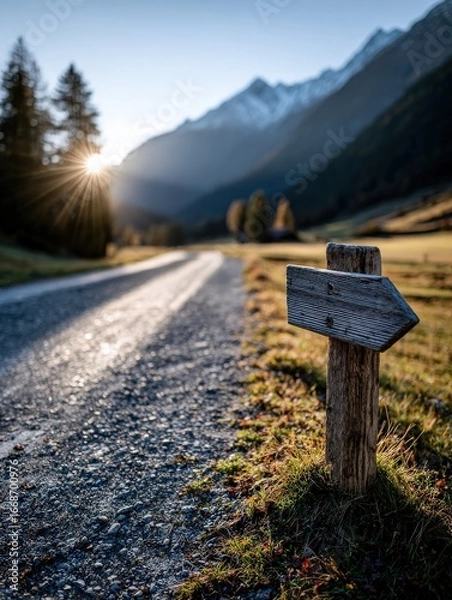 Fototapeta Scenic mountain path with direction sign at sunset in a tranquil valley