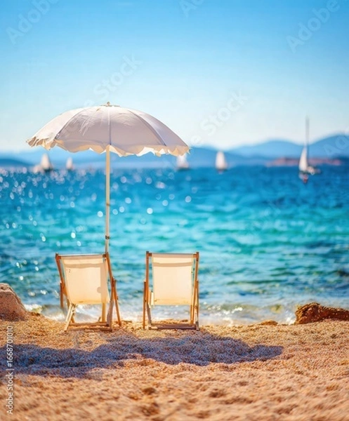 Fototapeta Enjoying a peaceful day at the beach under a sun umbrella