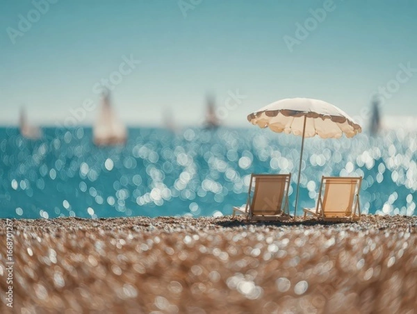 Fototapeta Relaxing chairs under an umbrella by the shimmering sea