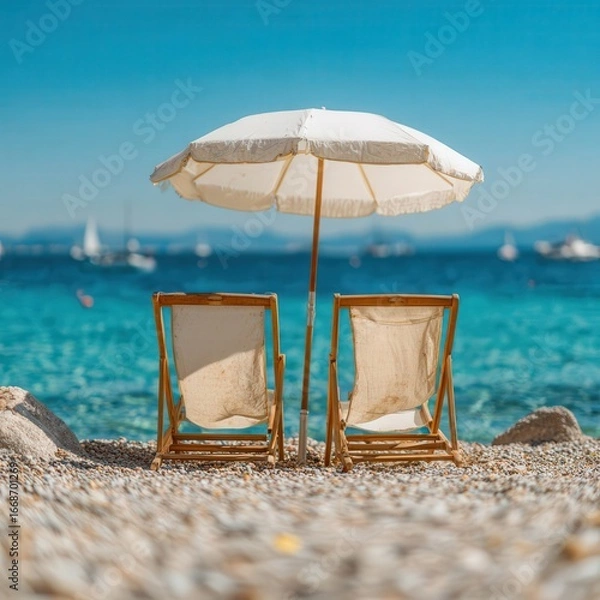 Fototapeta Relaxing beachfront chairs under sunny skies and gentle waves