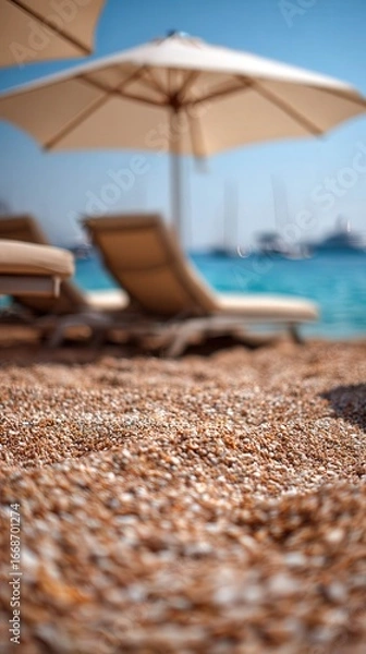 Fototapeta Relaxing beach day with umbrellas and lounge chairs by the sea