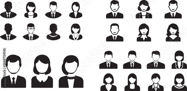 Fototapeta Black icon set of male and female business person avatars on a white background, a simple flat vector illustration style. eps