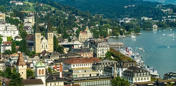 Fototapeta Wide panoramic view  of the scenic town of Lucern in Switzerland. 