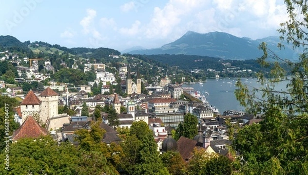 Fototapeta Wide panoramic view  of the scenic town of Lucern in Switzerland. 