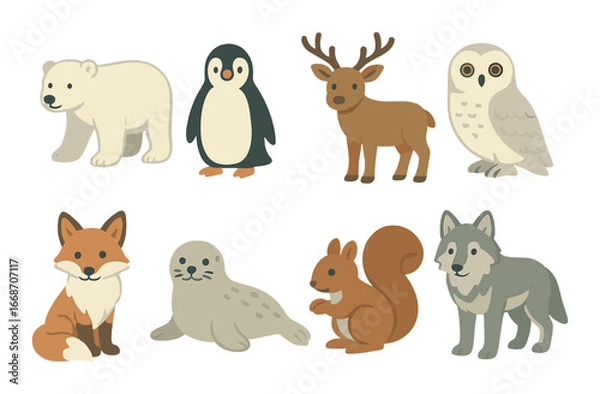 Fototapeta Collection of cute arctic and forest animals: bear, penguin, deer, owl, fox, seal, squirrel, wolf