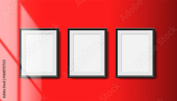 Fototapeta three blank black picture poster frames on the red wall mock up vector illustration