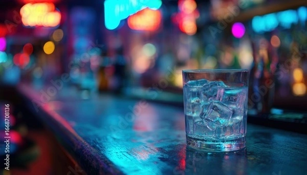 Fototapeta A glass of ice cubes sits on a bar