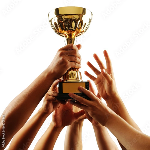 Obraz Many hands holding up a golden trophy isolated on transparent background