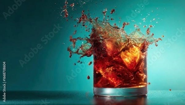 Fototapeta A glass of a dark drink with ice, splashing