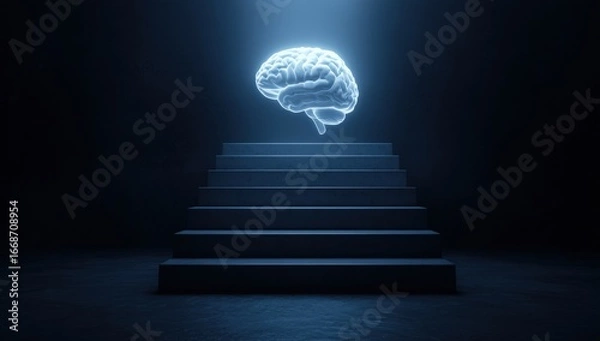 Fototapeta Glowing brain atop steps in dark room