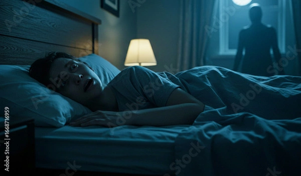 Obraz 恐怖体験-深夜のベッドで身震いする女性と窓際の不審な人影