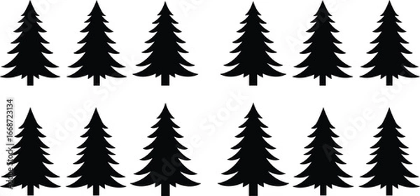 Fototapeta Seamless Pattern of Pine Tree Silhouettes, Evergreen Forest Illustration, Black Tree Icons, Minimalist Nature Design for Background and Decoration