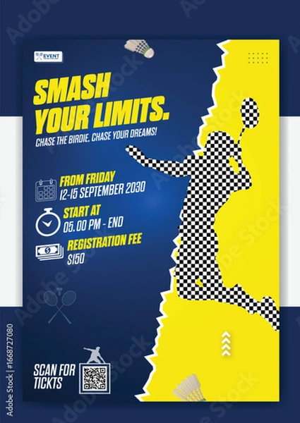 Fototapeta Smash your limits badminton tournament flyer template design for sport event game