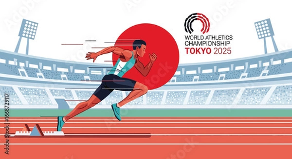 Fototapeta Illustration of a professional male sprinter exploding from starting blocks on a stadium running track