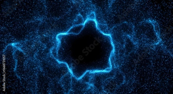 Fototapeta Dynamic cosmic abstract background with a glowing blue wormhole or energy portal surrounded by sparkling digital particle effects on a dark backdrop