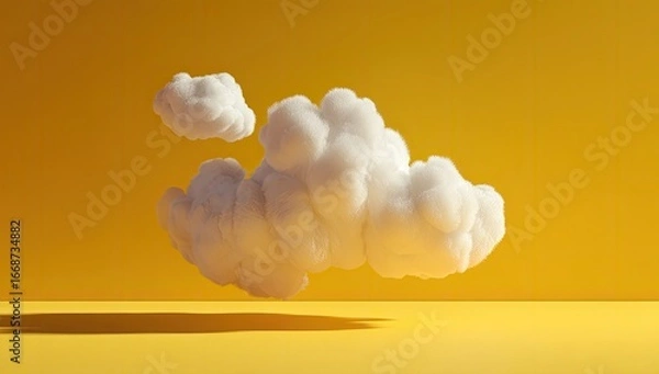 Fototapeta Fluffy white clouds float against a vibrant yellow backdrop, casting a soft shadow.  Minimalist 3D render