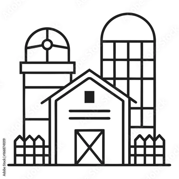 Fototapeta Farm barn and silos with a fence in a simple line art style