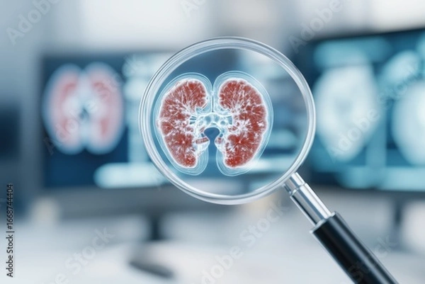 Fototapeta Anatomy of Health: A detailed medical illustration highlights a kidney through a magnifying glass in a sterile setting, signifying medical expertise and investigation.