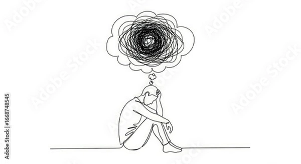 Obraz Overwhelmed - Single-Line Drawing of a Person with a Chaotic Thought Bubble.