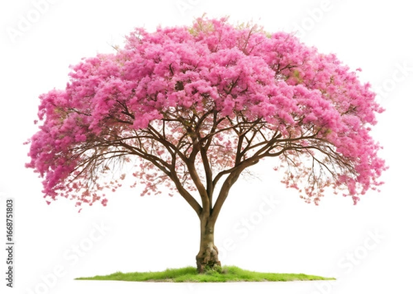 Fototapeta Tree with pink flowers is standing alone isolated on white background ,PNG.AI Generated.