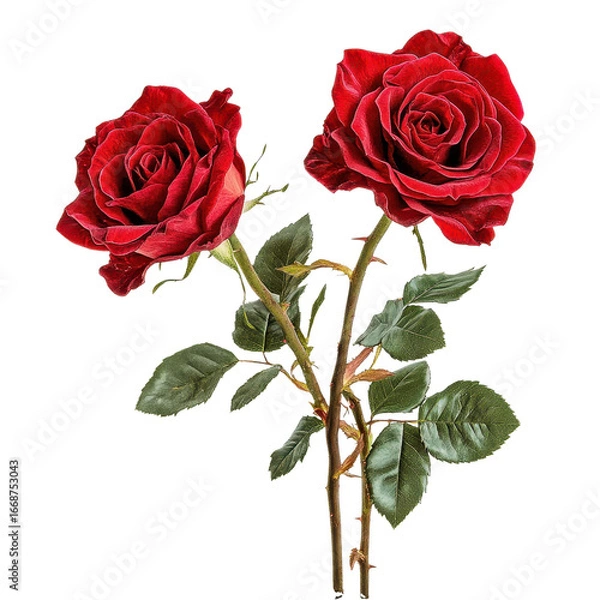 Fototapeta Double red roses isolated on a white transparent Background, PNG illustration for floral design projects, romantic decor, and elegant botanical artworks