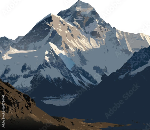 Fototapeta Mount Everest, the tallest mountain in the world, rising high above the Himalayas. Snow-covered peak glistening under sunlight, dramatic rocky slopes, and clouds swirling around the summit. Maje