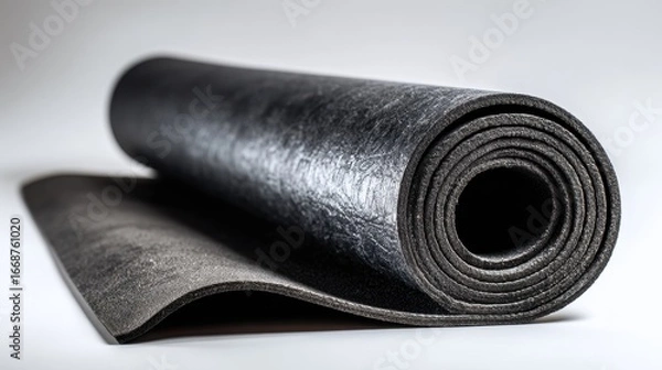 Fototapeta Ultra quality image of black yoga mat is rolled up and laying on a white background.