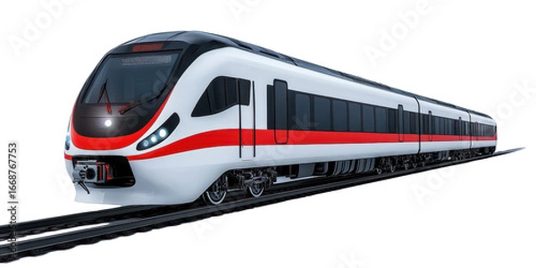 Fototapeta Modern high speed train on tracks isolated on a white transparent background, for public transport use