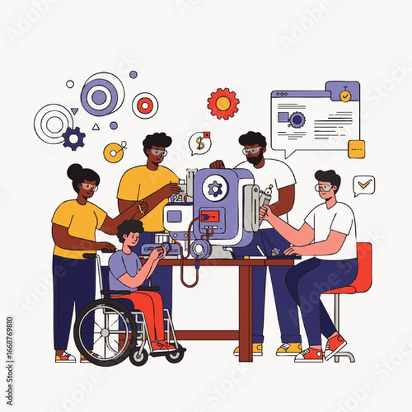 Fototapeta A diverse and inclusive team of professionals collaboratively works on an advanced technological machine, demonstrating innovation and problem-solving skills.