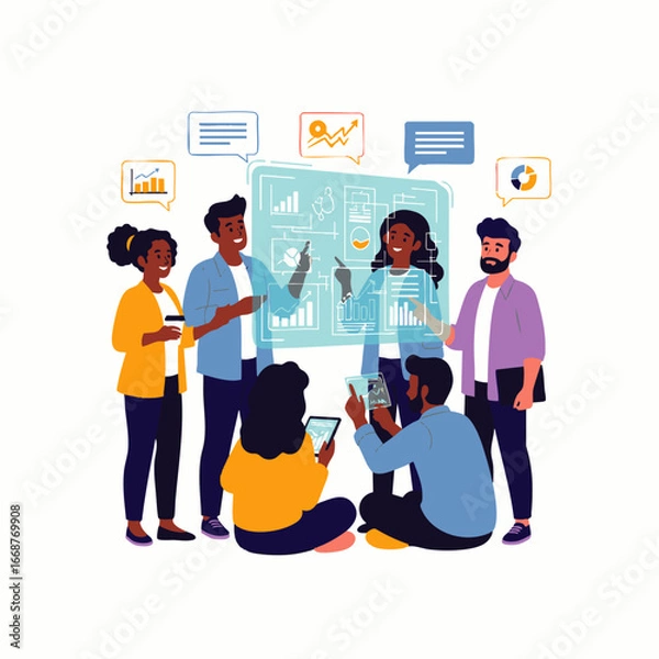 Fototapeta Diverse business team collaborating on a futuristic holographic data display, analyzing market trends and developing innovative strategies for growth.