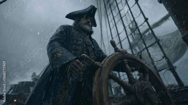 Fototapeta A determined pirate captain braves a fierce storm while sailing the open sea.