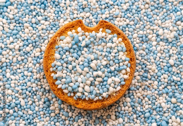Obraz Beschuit met muisjes, traditional Dutch treat consisting of blue and white sugared anise seeds on a rusk eaten to celebrate the birth of a baby boy