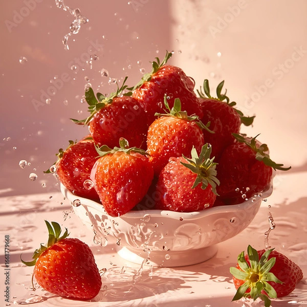 Fototapeta The text describes a strobery fruit with splashes of water.