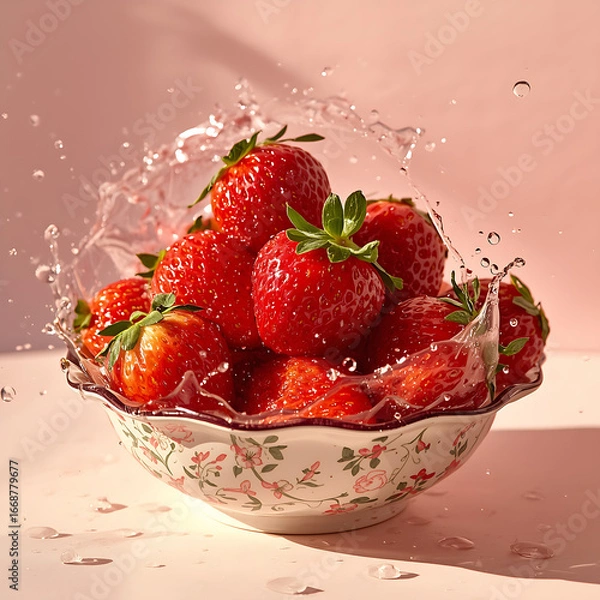 Fototapeta The text describes a strobery fruit with splashes of water.