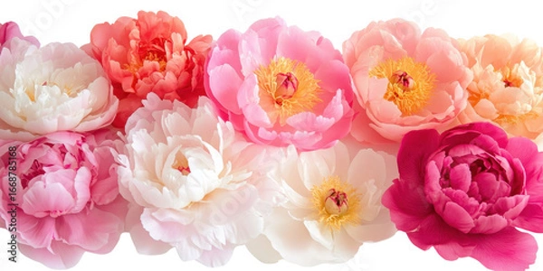 Fototapeta Vibrant set of lush peony blooms on pristine white