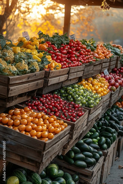 Fototapeta A vibrant and colorful farmers market stand with fresh organic bell peppers and other vegetables arranged in rustic wooden crates, creating a rich visual texture