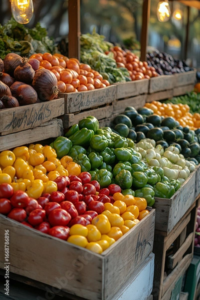 Fototapeta A vibrant and colorful farmers market stand with fresh organic bell peppers and other vegetables arranged in rustic wooden crates, creating a rich visual texture