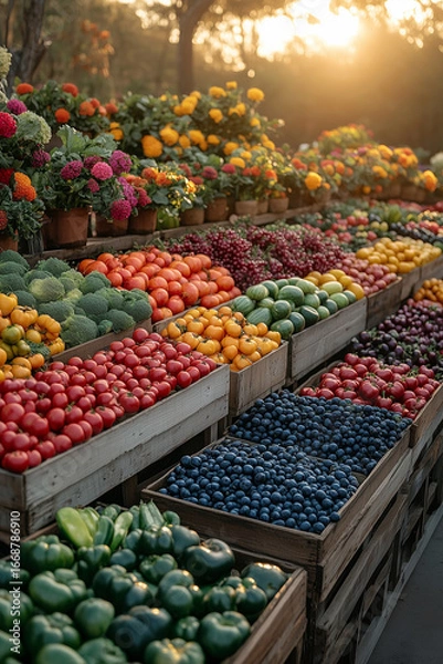 Fototapeta A vibrant and colorful farmers market stand with fresh organic bell peppers and other vegetables arranged in rustic wooden crates, creating a rich visual texture