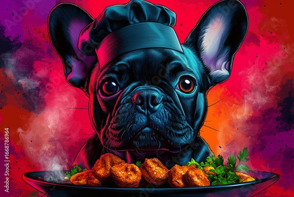 Fototapeta A cute French Bulldog chef wearing a hat, looking eagerly at a plate of delicious chicken nuggets. Vibrant, pop-art style with bold colors and playful concept
