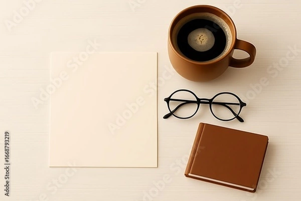 Obraz Overhead view of coffee cup blank paper glasses and notebook on white wooden desk image photo