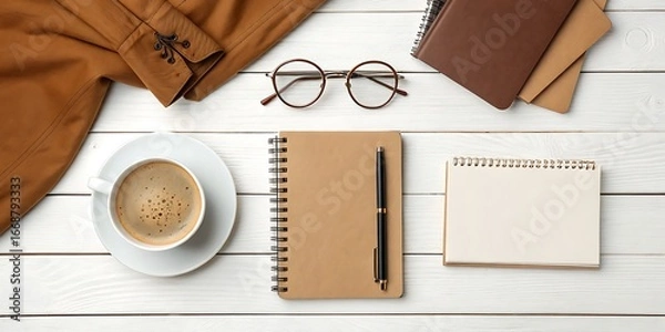 Obraz Flat lay of coffee, notebooks, glasses, and jacket on a white wooden table saucer drink
