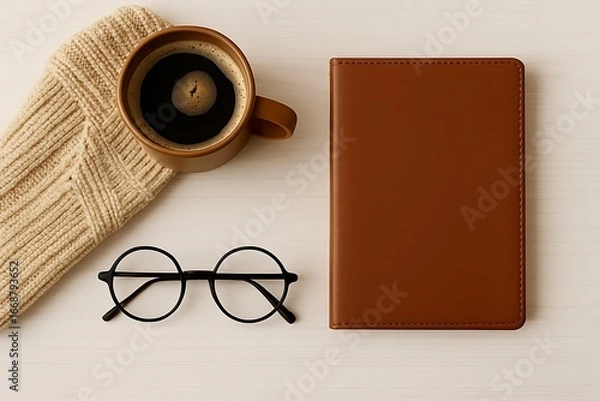 Obraz Overhead view of coffee cup, glasses, and notebook on a light wooden surface drink beverage