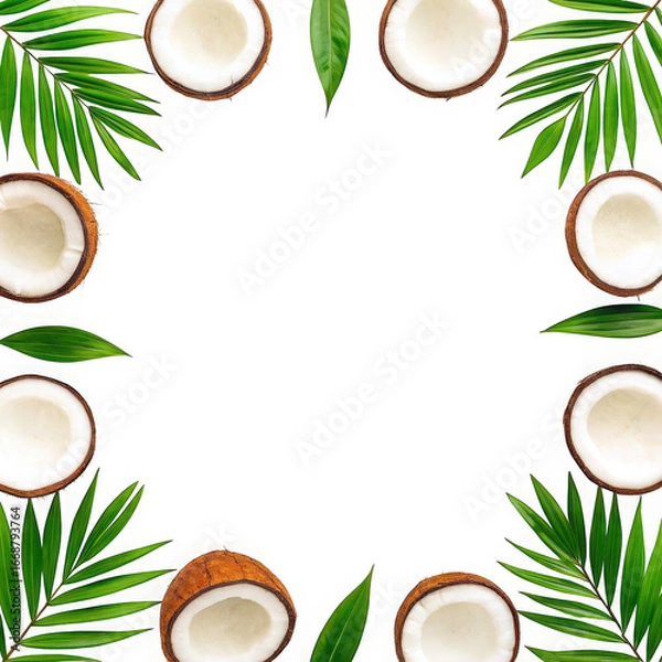 Obraz Coconut halves and palm leaves border isolated on transparent background