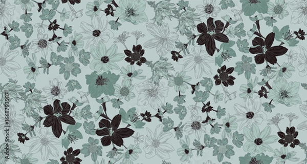 Obraz Flowers and leaves in vintage style, seamless pattern	